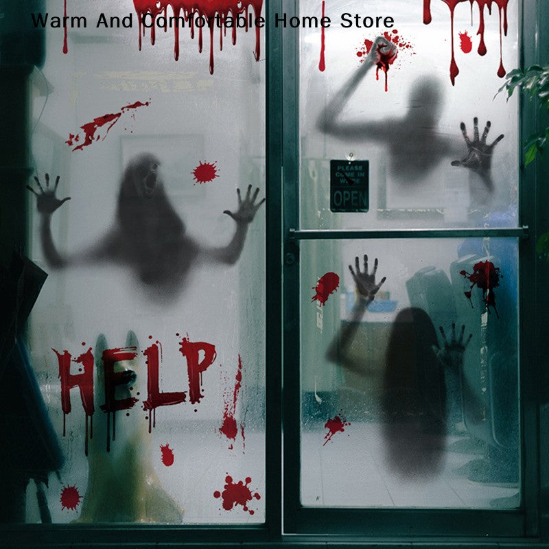 ?W?Halloween Stickers Horror Blood Hand Print Door Stickers Window Bathroom Shadow Glass Female Ghost Wall Decal Halloween Decor
