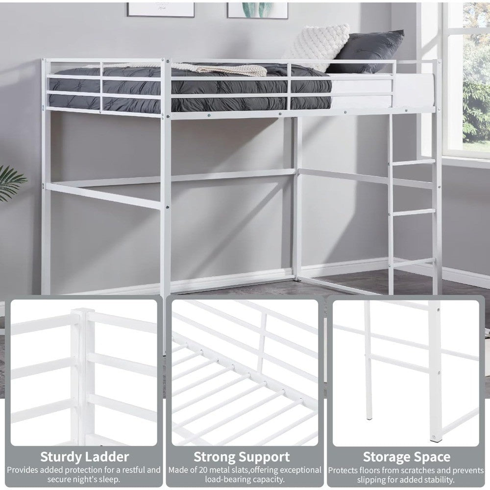 Cama Loft de Metal de Solteiro com Grades de Segurança e Escada Plana, Adequada para Crianças, Adolescentes e Adultos, Branca