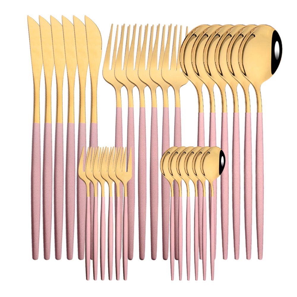 6Set/30Pcs Pink Silver Dinnerware Set Stainless Steel Knife Ckae Fork Spoon Cutlery Set Tableware Silverware Set Dropshipping