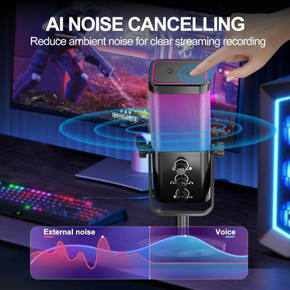 Microfone RGB Gamer com Equilíbrio de Voz no Jogo e Cancelamento de Ruído, Microfone Condensador USB de Estúdio para Streaming/Gravação/Discord