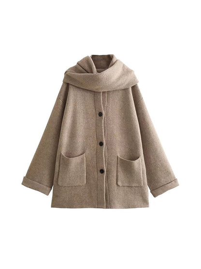 Women's Fashion Scarf Short Knit Coat Jacket Loose Warm Long Sleeve Two Pieces Solid Color High Street O-Neck Outerwear
