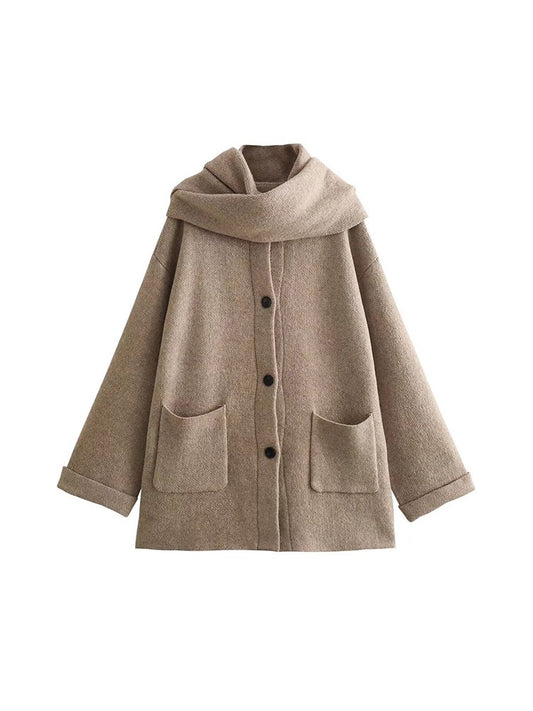 Women's Fashion Scarf Short Knit Coat Jacket Loose Warm Long Sleeve Two Pieces Solid Color High Street O-Neck Outerwear