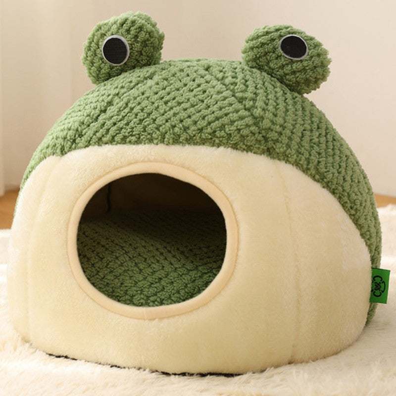 Nova Cama para Animais de Estimação Inverno Quente Toca para Cão Gato Vilinha Pelúcia Colchão para Pets Pequeno Formato Sapo Semi-Fechada Casa para Gatinhos Filhotes Suprimentos para Animais de Estimação