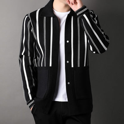 Knitted Cardigan Men's Minimalist Black and White Sweater Autumn and Winter New Slim Fit Sweater Youth Striped Jacket