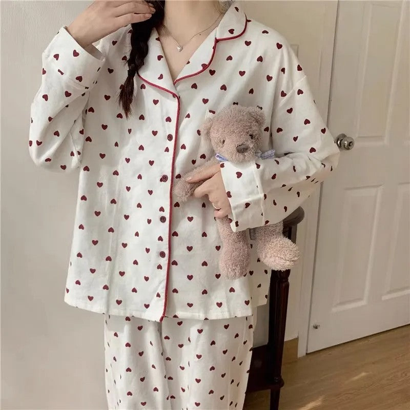 M-XXL Large Size Nightwear Women Sleepwear Autumn and Winter Cardigan Home Wear Peach Heart Long Sleeves School Silk Pajamas