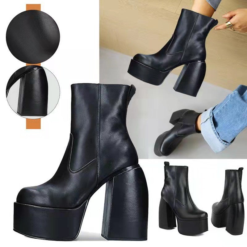 Comemore Women Punk Style Autumn Winter Chunky Platform High Boot Party Shoes Ladies Black Thick Heels Elastic Knee High Boots
