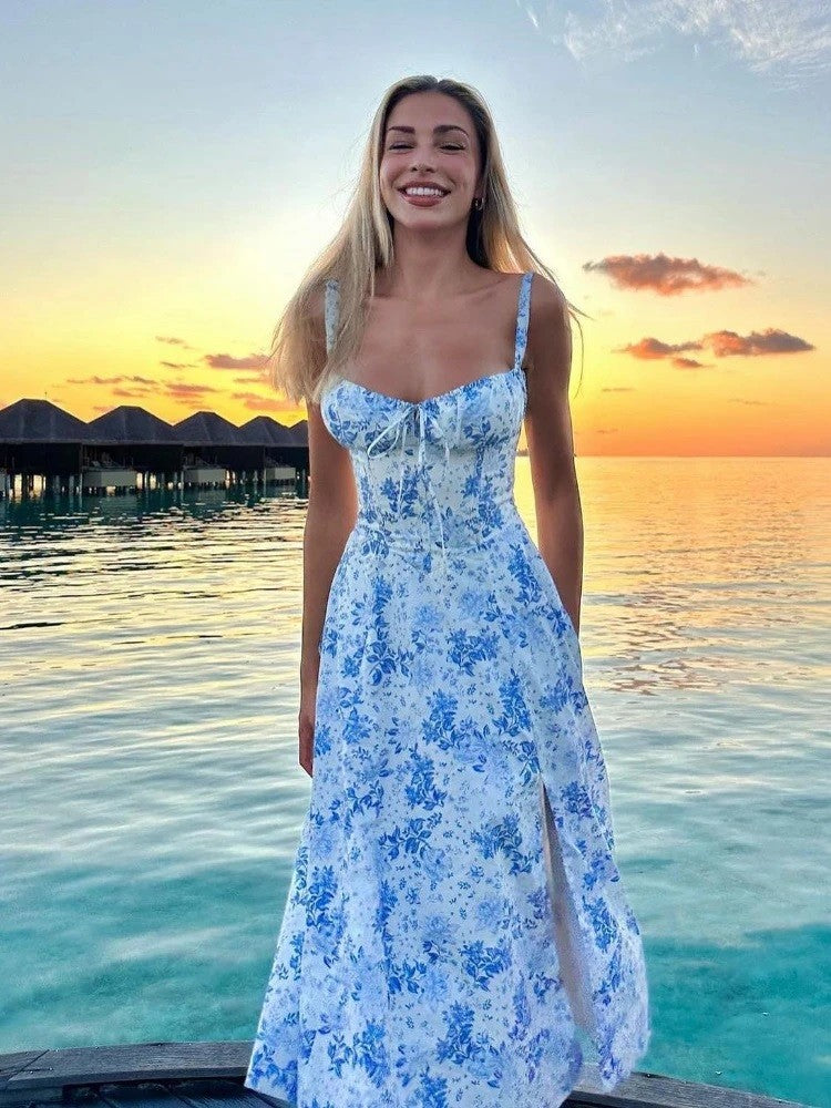 Suninheart Women's Summer Floral Print Dresses Sweet Elegant Midi Holiday Dress