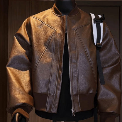 American Trend Retro Crack Leather Versatile Casual Jackets Stand Collar Leather Bomber 2025 Men's Fashion Commuter Leather Coat