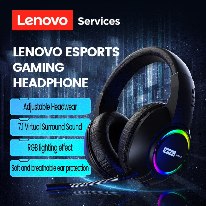Fone de ouvido gamer com fio Lenovo E08 com microfone, luz RGB para computador e laptop, efeitos de som surround virtual 7.1, headset para E-sports