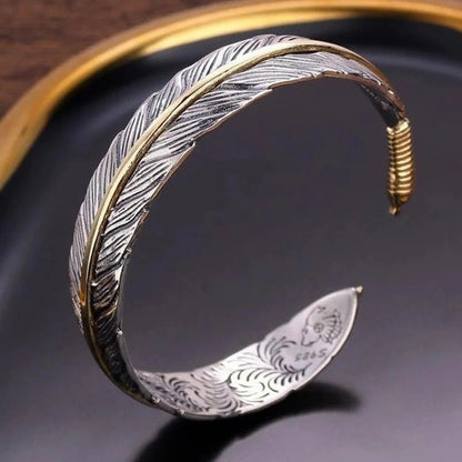 Pulseira Bracelete de Prata Esterlina 925 Pena Flor Dourada Vintage Punk Para Mulheres Homens Joias da Moda Presente Dropship Atacado