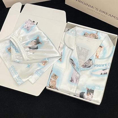 Romantic Women Nightwear Cute Cat Print Short Sleeve Shorts Thin Pajamas Women Cardigan Breathable Student Homewear 2 Piece Set