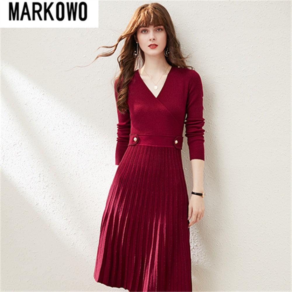 MARKOWO Desinger Brand 2022  Autumn and winter niche wool retro temperament slim V-neck knitted pleated dress