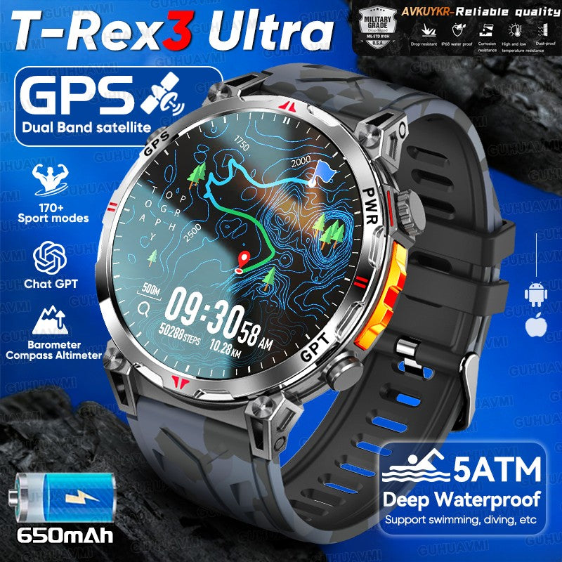 Smartwatch Militar T-Rex3 Ultra GPS 2025 Novo com GPS Integrado Bússola Altímetro Barômetro 5ATM À Prova D'água Pulseira Esportiva Masculina de 650mAh