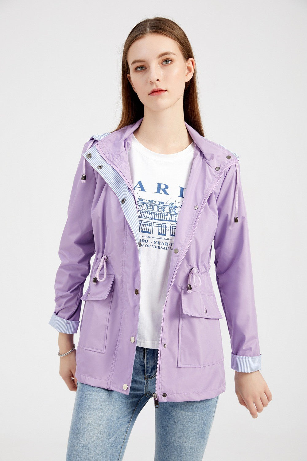 Purple Hooded Jacket for Spring 2025 Women's Office Fashion Women Outerwear Hat with Removable Waist Drawstring Water Proof