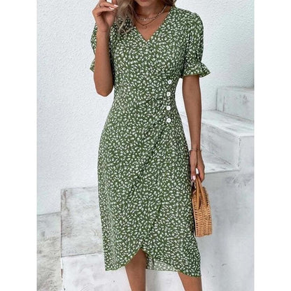Elegant Floral Pleated H shaped Midi Dress Female V Neck Puff Sleeve Waist Ruche