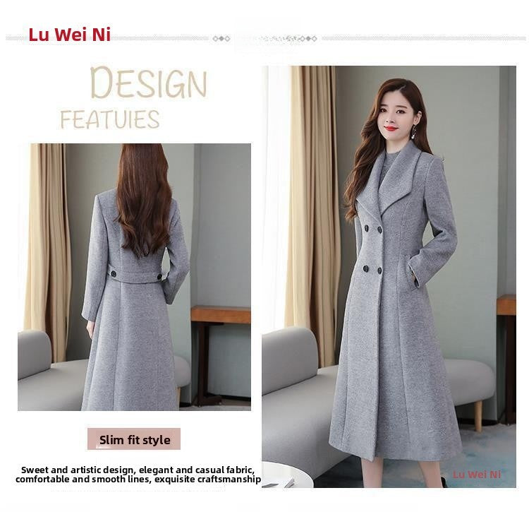 Plus Size Women's Overcoat Long Thickened Woolen Coat Long Collar Slim Fit Waist Cinched Outerwear Spring Autumn New Style Ho...