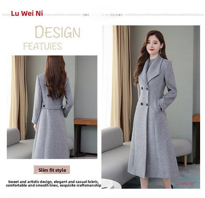 Plus Size Women's Overcoat Long Thickened Woolen Coat Long Collar Slim Fit Waist Cinched Outerwear Spring Autumn New Style Ho...