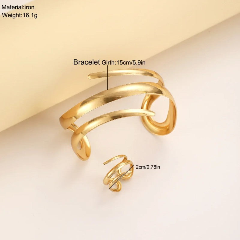 Conjunto de Anel e Bracelete de Aço Inoxidável com Gota de Água para Mulheres Luxuoso Geométrico Gota Aberta Punho Torcido Irregular Joias