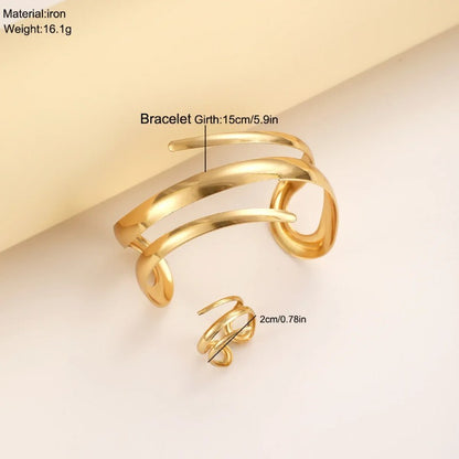 Conjunto de Anel e Bracelete de Aço Inoxidável com Gota de Água para Mulheres Luxuoso Geométrico Gota Aberta Punho Torcido Irregular Joias