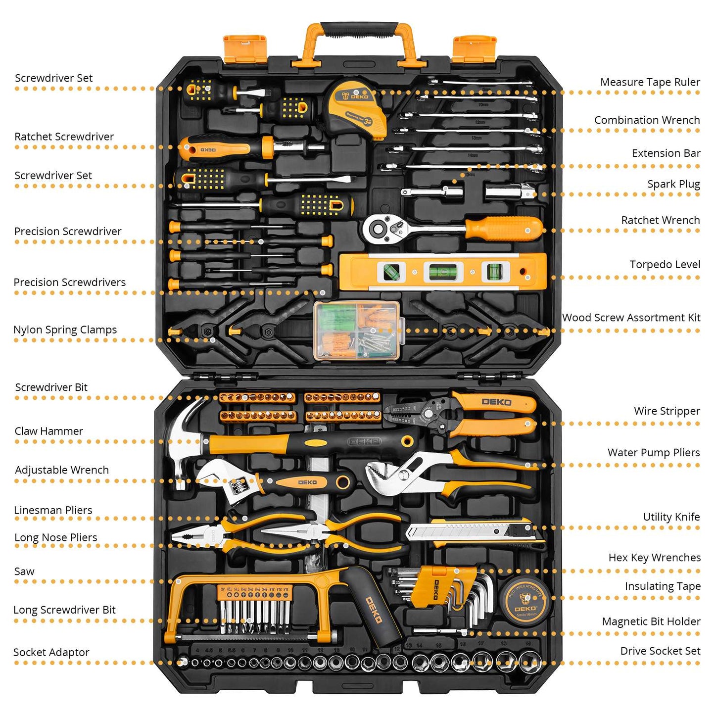 Conjunto de Ferramentas Manuais DEKO 228 Peças com Chave de Soquete e Caixa de Ferramentas de Plástico para Reparo Automotivo