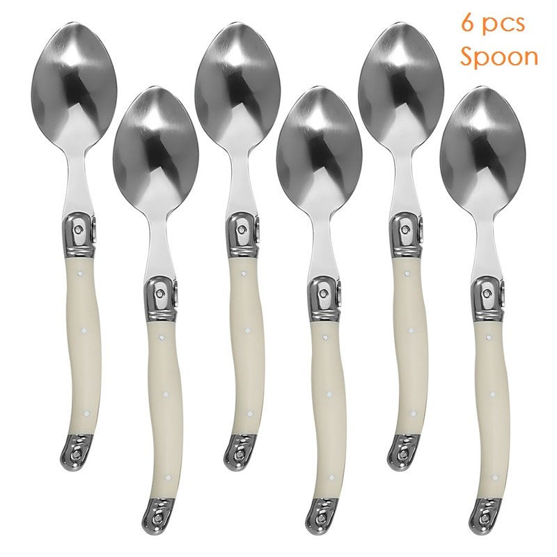 Conjunto 6 Peças Talheres Laguiole Branco Prata Facas Garfos Colheres Bife Conjunto Polimento Espelhado Coleção Inox Talheres Natal Colher de Chá