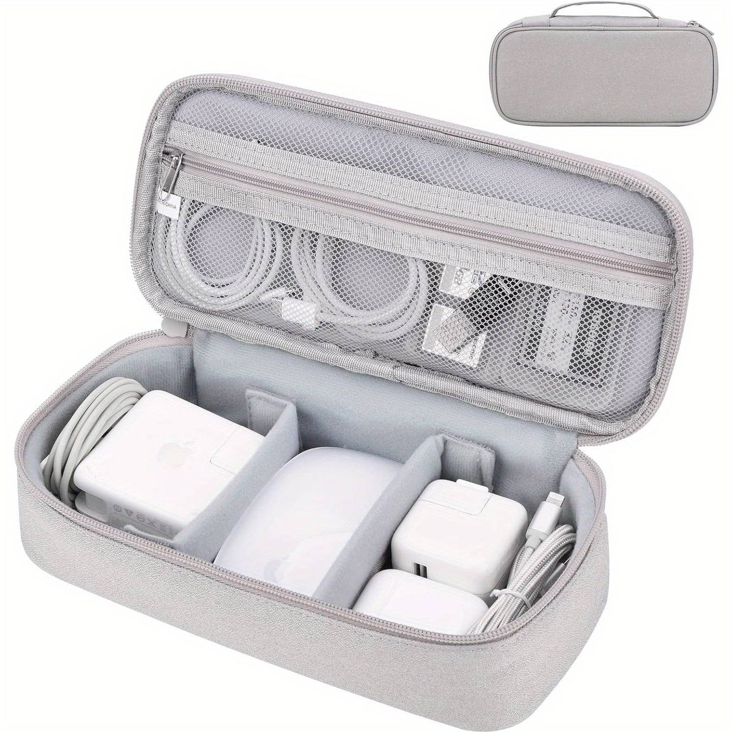 Electronics Travel Organizer Bag with Cable Management Compartments - Light Gray Tech Case with Zippered Pocket