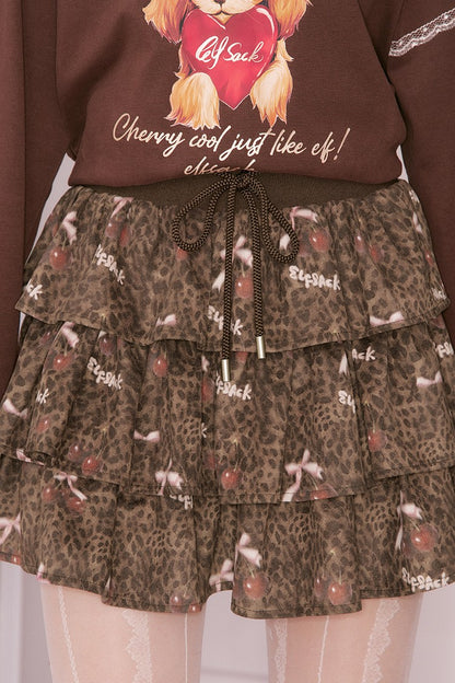 ELFSACK Y2K Sweet Leopard Bow Pleated Tiered Tie Short Skirt For Women