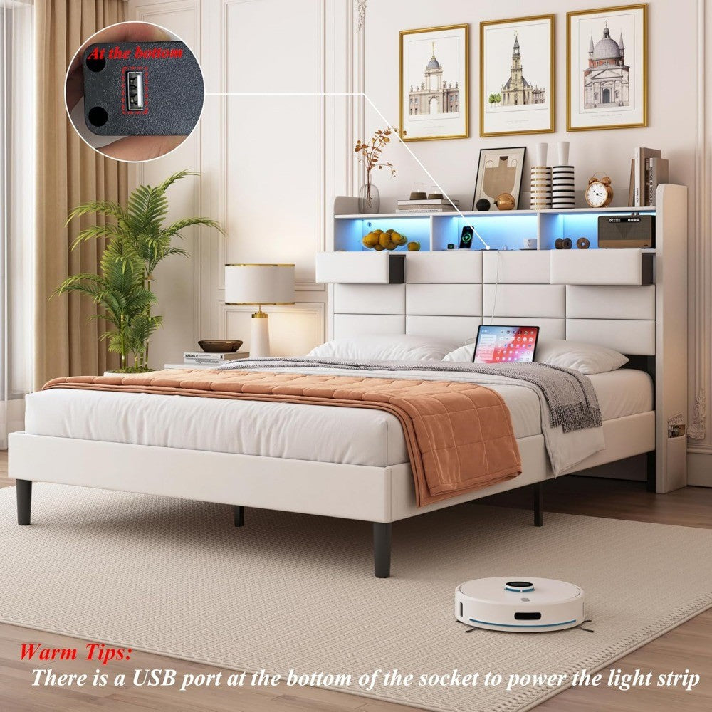 Queen Size LED Bed Frame with Storage, 2 Hidden Drawers, Charging Station, and Velvet Upholstery