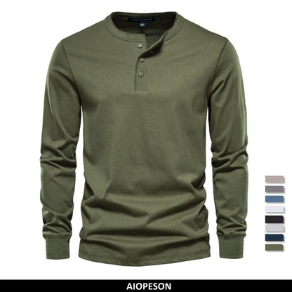 AIOPESON Men's Long Sleeve Button Down T-Shirts Autumn Henley Collar Casual High Quality 100% Cotton Crew Neck Mens T Shirts