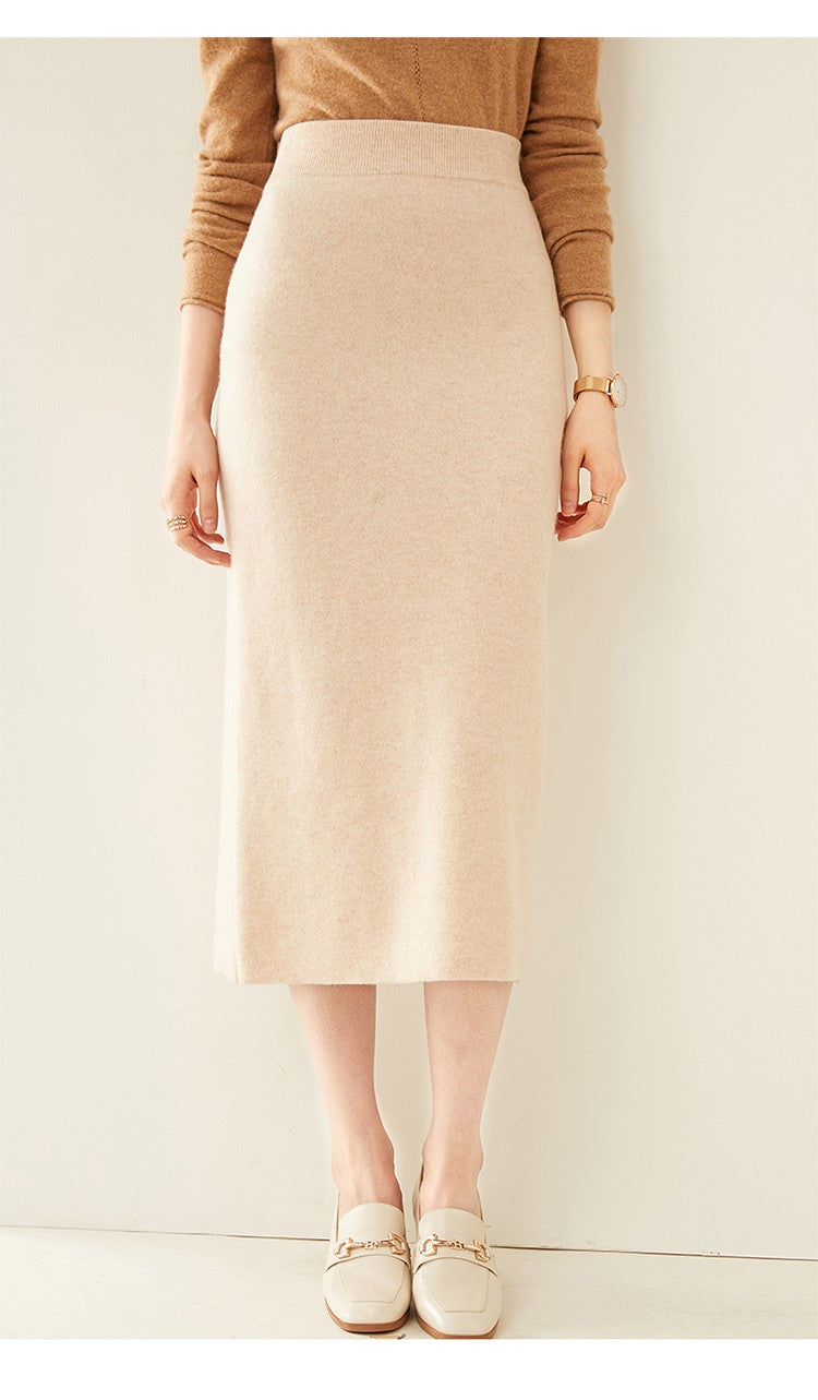 100% pure wool skirt new women's autumn and winter mid-length high-waisted thin cashmere skirt knitted all-match hip skirt