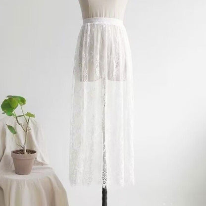 Fashion Transparent Sexy Lace Mesh Skirt Elegant 2 Length Midi Skirt Ladies Elastic High Waist Womens Skirt Ladies