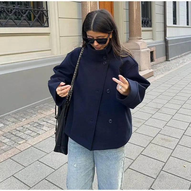 Women Fashion Stand Collar Woolen Jacket Single Breasted Long Sleeve Female Coat 2025 Autumn Chic Street Office Short Outerwears