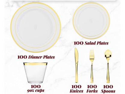 Conjunto de Louça Descartável para Festa Prestee com 600 Peças para 100 Convidados, Talheres Dourados Descartáveis com Pratos, Copos, Facas, Garfos e Colheres