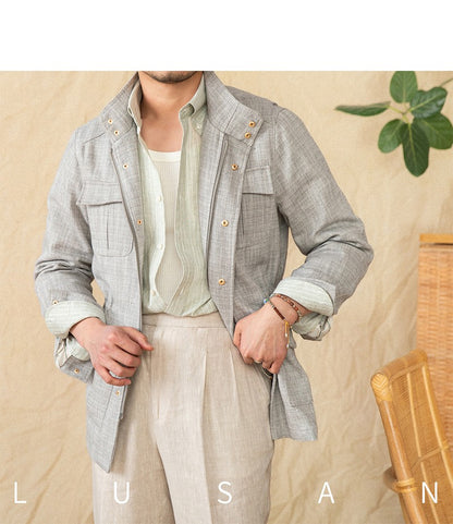 Cotton and Linen Vertical Collar Tight Waist M65 Hunting Jacket Retro All-match Spring and Summer Lightweight Casual Jacket
