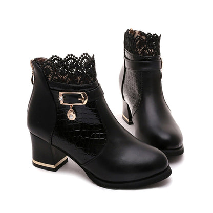 Women'S Ladies Boots Fall Winter Vintage Leather Lace Short Boots Shoes Women'S Fashion Lace Trim Boots Mid-Heeled Boots