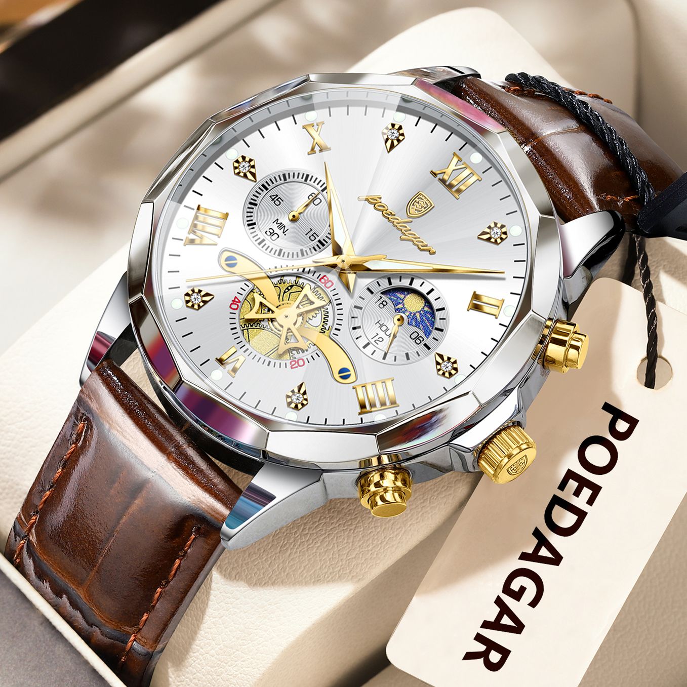 POEDAGAR Relógio de Pulso Militar de Luxo Masculino Quartzo Impermeável Luminoso Cronógrafo Couro Masculino Relógio Esportivo Masculino Relógio Masculino