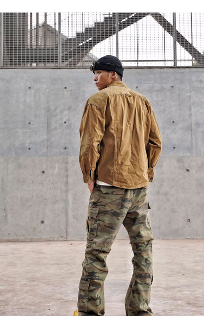 Vintage Patchwork Design Men Autumn Tactical Function Cargo Shirts Y2K High Street Techwear Style Long Sleeve Tops camisetas