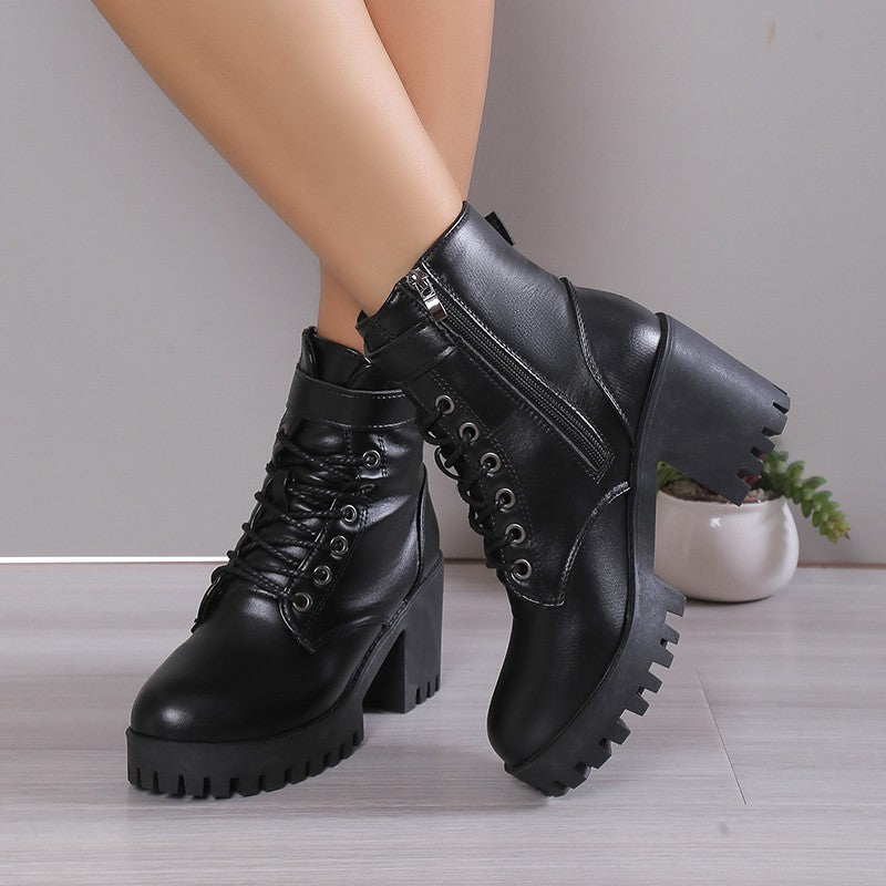 Winter New Fashion Comfortable Elegant Square with Women's Shoes Side Zipper Round Head Solid Color Simple Thick Heel Boots