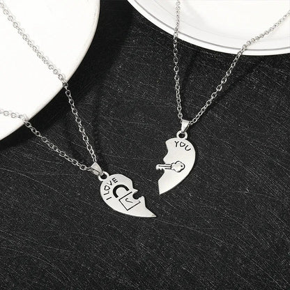2 peças Fechadura de Casal Chave Coração Quebra-Cabeça Eu Te Amo Pingente Colar para Casal Colares com Pingentes para Namorados Joias de Presente para o Dia dos Namorados