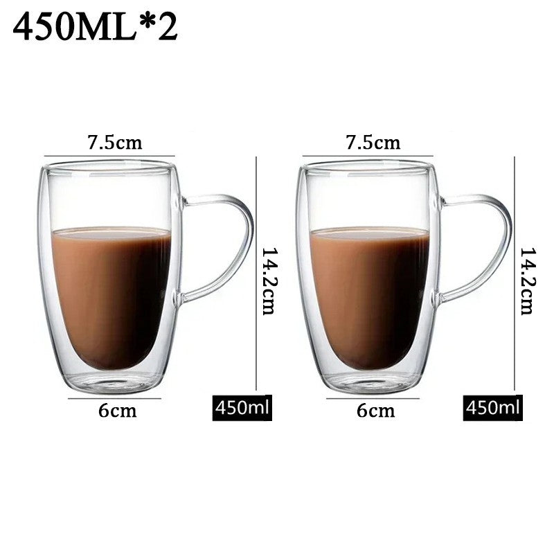 Caneca transparente de parede dupla 2-6 peças Copo de café e leite de vidro borossilicato alto resistente ao calor para casa e escritório