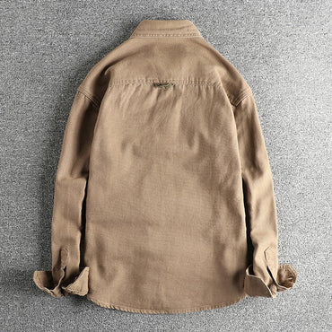 2025 Spring and Autumn New American Retro Woven Twill Cargo Shirt Men's Simple 100% Cotton Washed Double Pocket Causal Blousers
