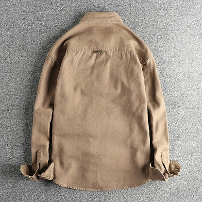 2025 Spring and Autumn New American Retro Woven Twill Cargo Shirt Men's Simple 100% Cotton Washed Double Pocket Causal Blousers