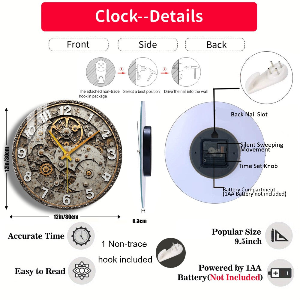 Tempered Glass Wall Clock Antique Gear Clock Face Suitable For Wall Decor or Tabletop Display Anywhere