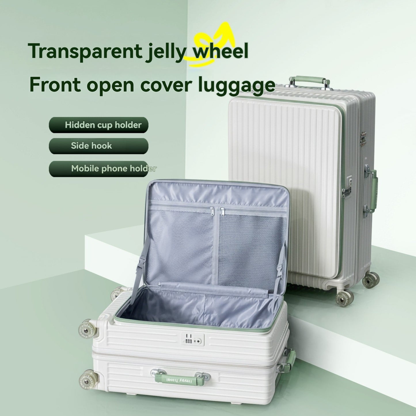 1-Piece Set of Front-Opening Suitcase with Jelly Wheels, Trolley Case with 5cm Expansion Layer, Leather Handle, Luggage with Phone Holder, Foldable Cup Holder, Side Hook Function, Customs Lock, Suitable for Outdoor Beach Vacations and Long-Distance Travel