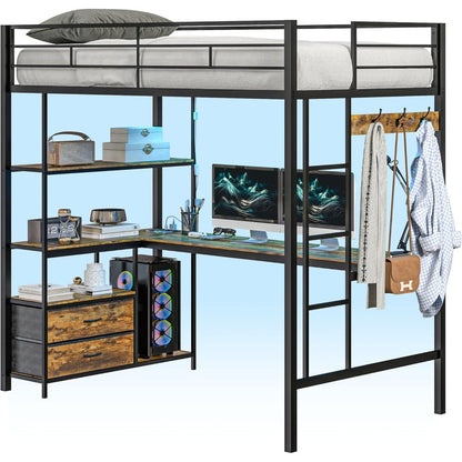 Metal Loft Bed Twin Size with L-Shaped Desk, LED Lights, Charging Station,Twin Loft Bed Frame with Drawers,Guardrail, Noise Free