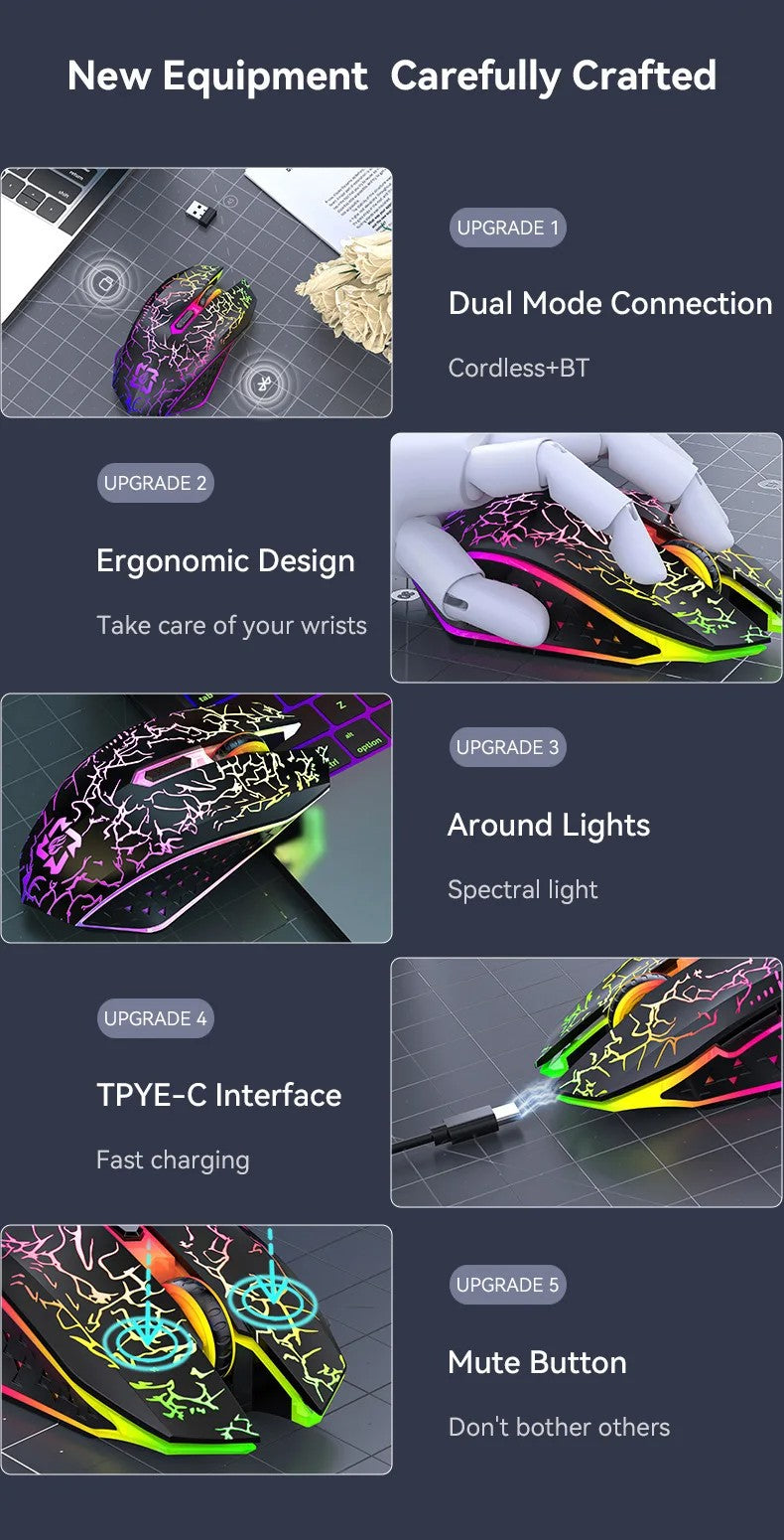 Mouse Bluetooth 5.2 RGB Sem Fio 2.4G Mouse Gamer Dual-Mode 6 Botões Silencioso Para MacBook Tablet Laptops Computador