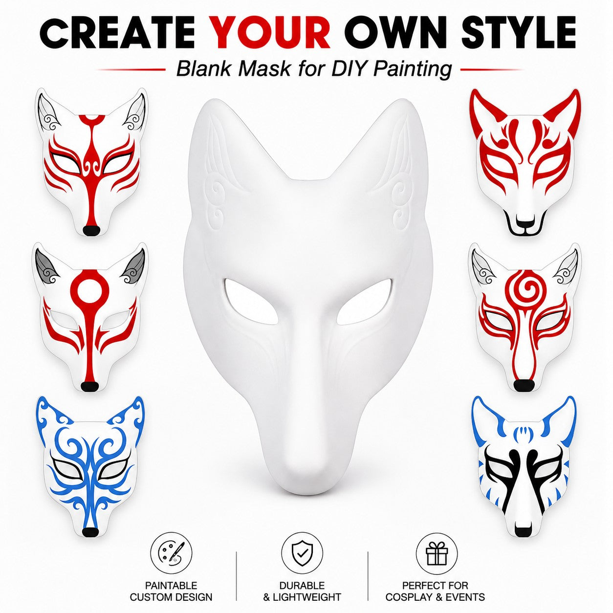 DIY White Fox Mask Paintable Kitsune Cosplay Half Face Mask, Blank Anime Fox Mask for Halloween Party Masquerade Stage Prop