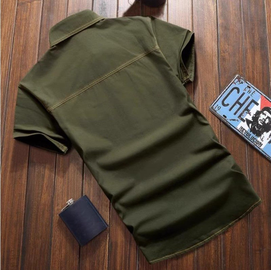 Summer Cotton Tactical Cargo Shirt Mens Multi Pocket Badge Embroidered Combats Tops Casual Breathable Tooling Chemise Homme