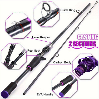 Vara de Pesca Telescópica de Carbono 180cm, Ação Rápida para Lançamento Longo, Cores Preto e Roxo, para Água Doce e Salgada