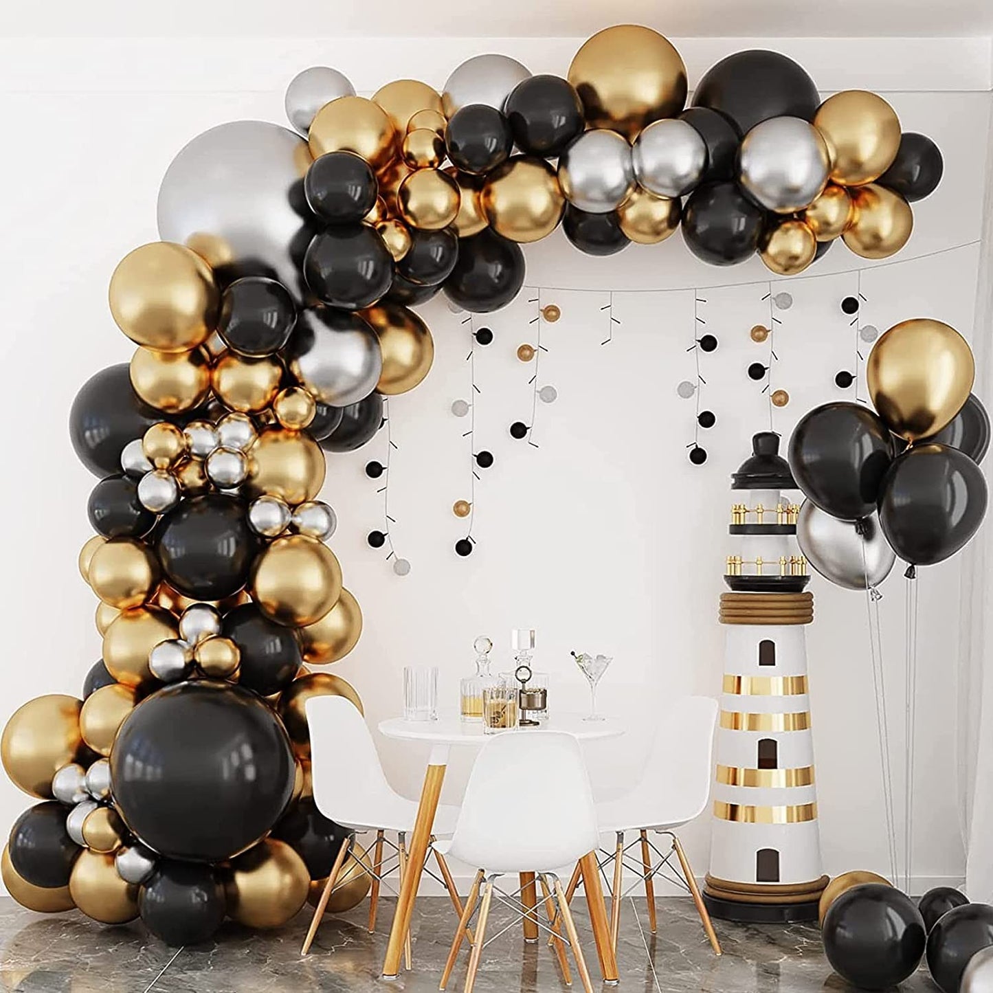 Black and Gold Balloons Garland Arch Kit with Starburst Foil Balloons for Wedding Birthday Family Party Decorations Supplies